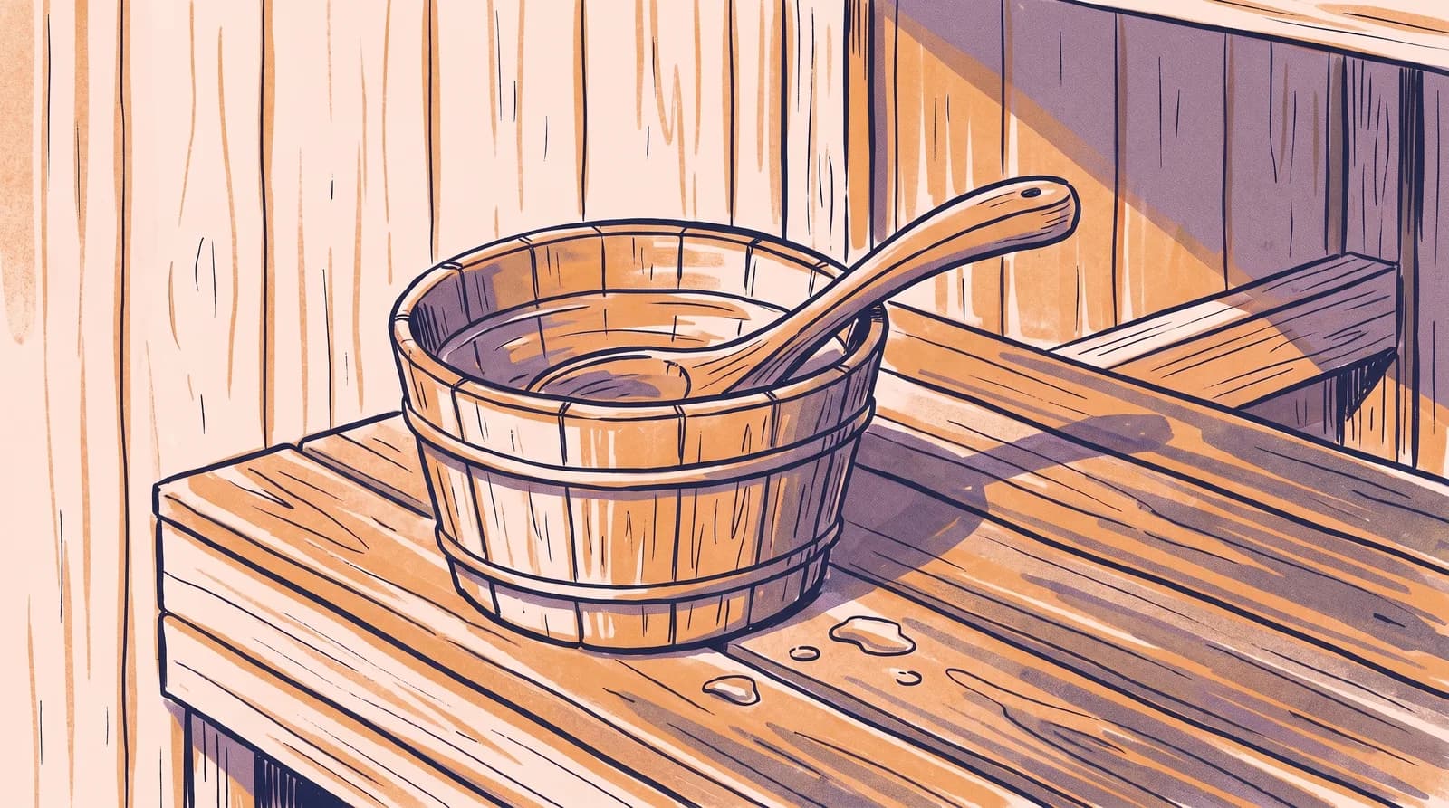 Illustration: hölzerner Aufgusskübel mit Kelle auf einer Holzbank in der Sauna