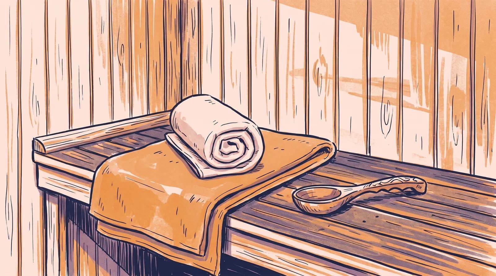 Illustration: ein gerolltes Handtuch und ein Holzschöpfer liegen auf einer sonnenbeschienenen Saunabank vor Holzverkleidung