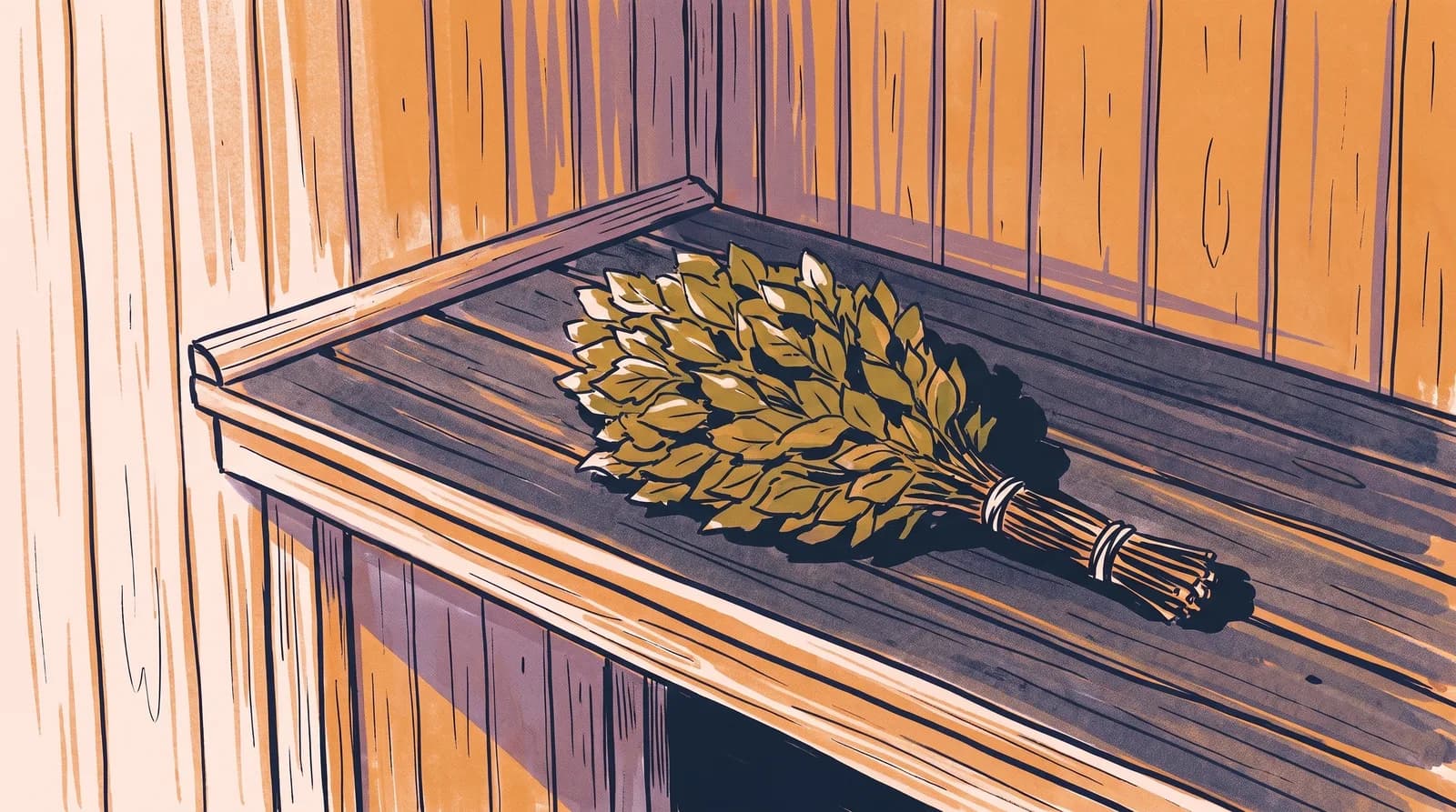 Illustration eines gebundenen Birken-Venik auf einer Holzbank in der Banja