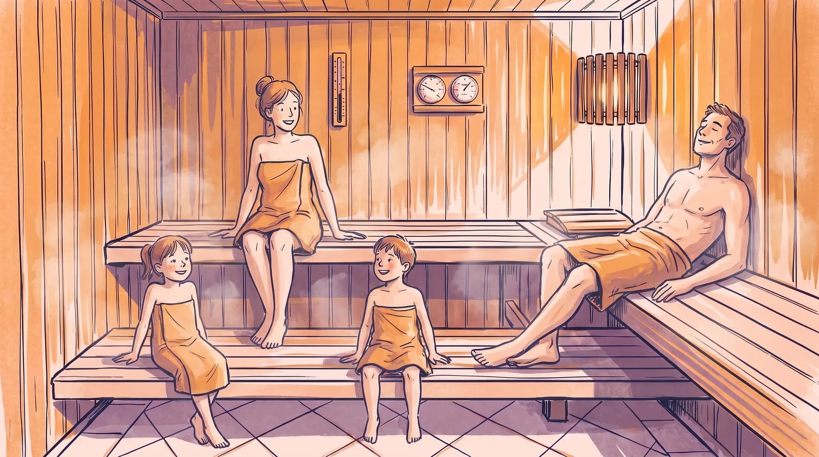 Illustration einer vierköpfigen Familie in Handtüchern, locker über die Bänke der Saunakabine verteilt