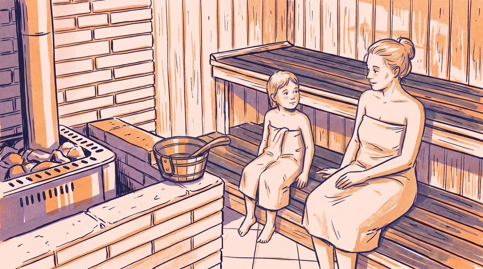 Illustration: eine Mutter und ihr Kind, in Handtücher gewickelt, unterhalten sich auf der Saunabank neben dem Ofen