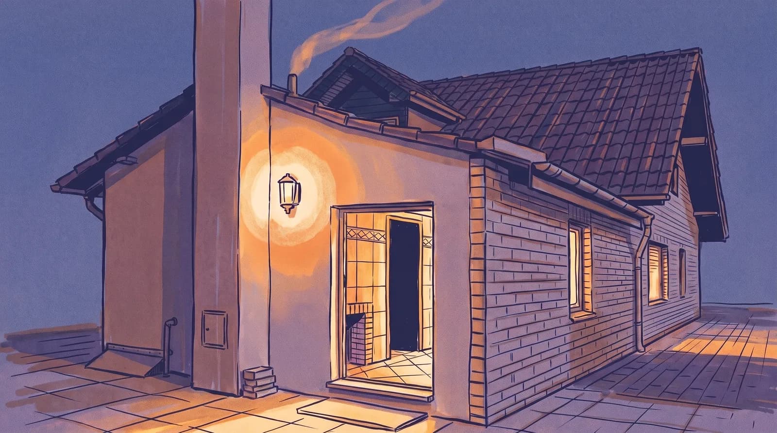 Illustration: Backsteinhaus mit Giebeldach in der Abenddämmerung, rauchender Schornstein, warm erleuchtete offene Eingangstür