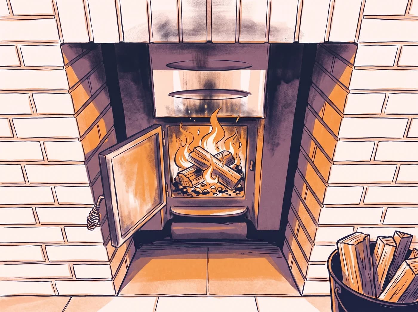 Illustration des offenen Feuerraums unserer Banja: brennende Holzscheite hinter der geöffneten Ofentür, eingelassen in die gemauerte Wand