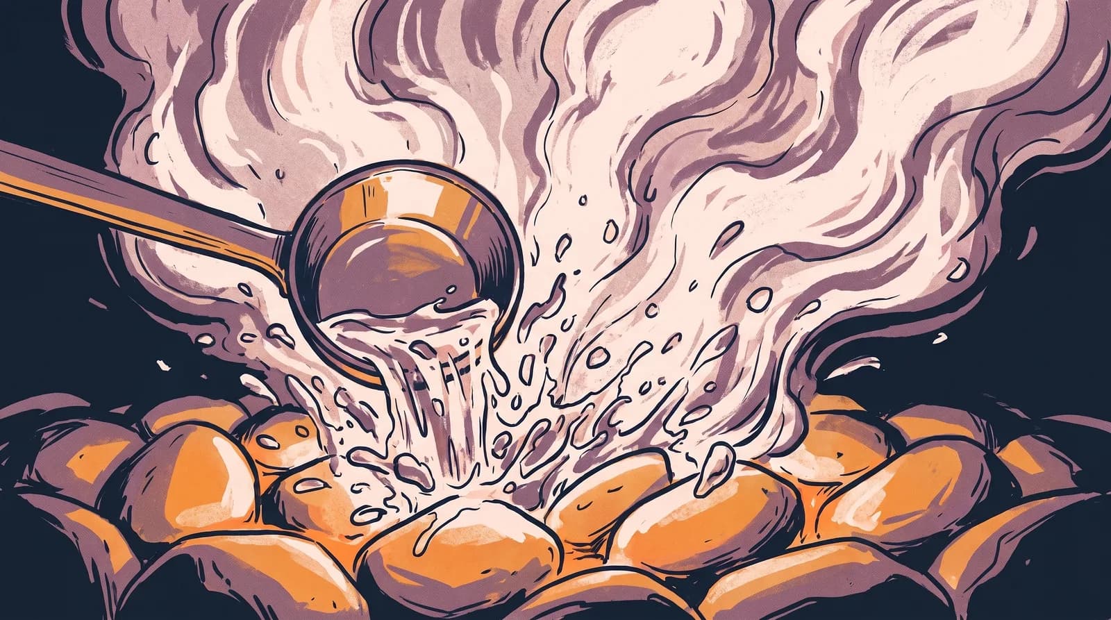 Illustration: eine Holzkelle gießt Wasser auf glühende Saunasteine, dichter Dampf steigt auf
