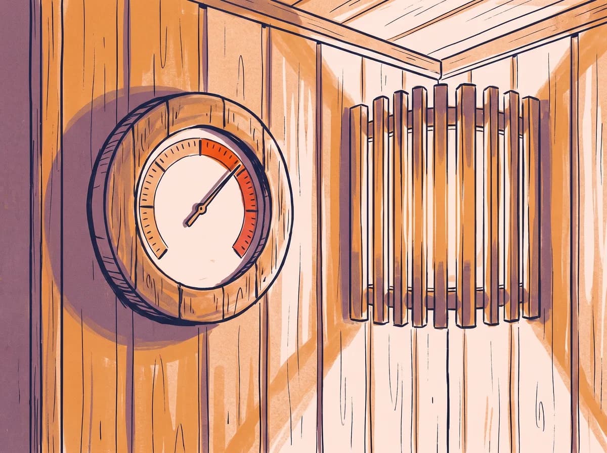 Illustration: analoges rundes Thermometer mit rotem Hochtemperatur-Bereich an der Holzwand einer Sauna