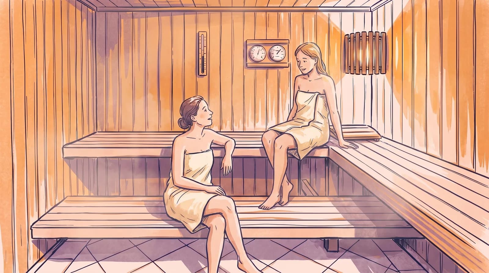 Illustration: zwei in Handtücher gewickelte Frauen sitzen entspannt auf den Bänken der Saunakabine und unterhalten sich