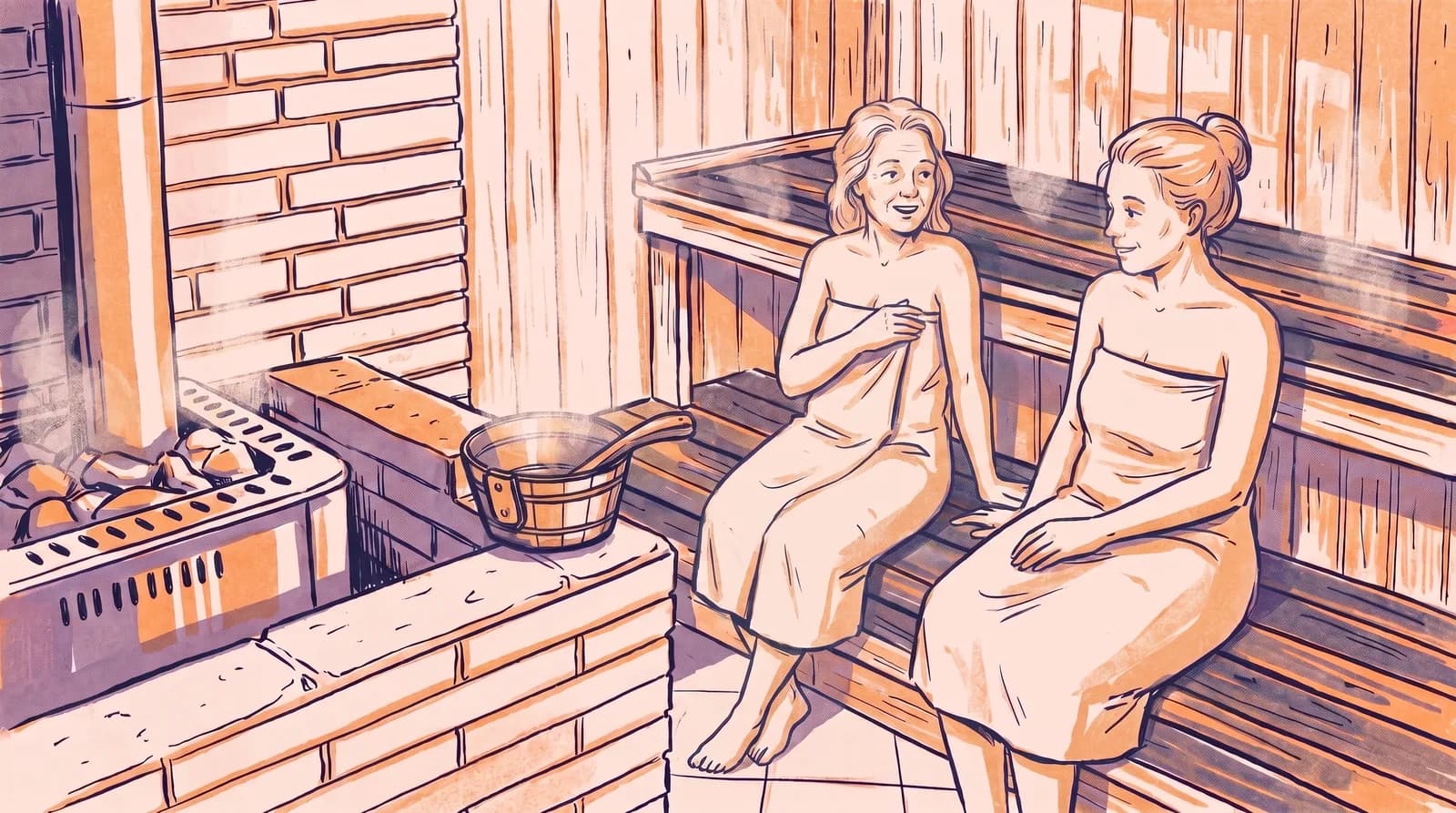 Illustration: zwei Frauen sitzen entspannt in Handtücher gewickelt auf den Bänken unserer Saunakabine
