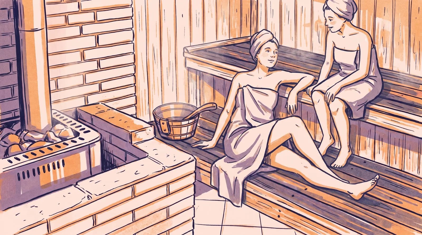 Illustration von zwei Frauen mit Handtuch und Kopfturban, die sich entspannt auf den Holzbänken einer Banja unterhalten.