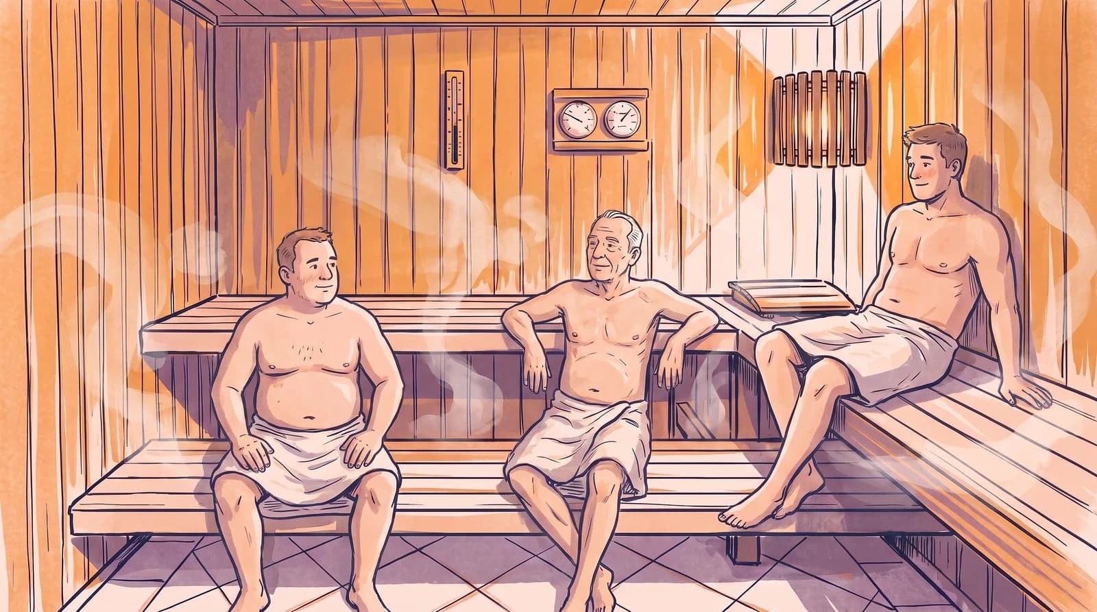 Illustration von drei Männern unterschiedlichen Alters, die mit Handtuch um die Hüfte entspannt auf den Bänken einer Saunakabine sitzen