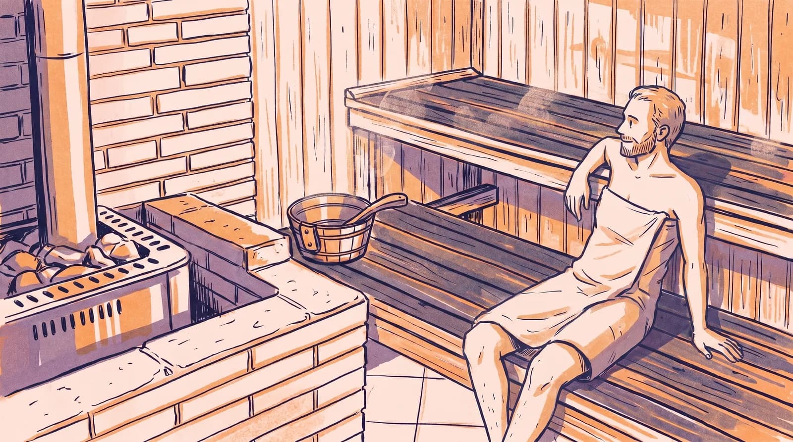 Illustration: ein Mann sitzt allein, Handtuch um die Hüfte, entspannt auf der Saunabank neben dem Steinofen