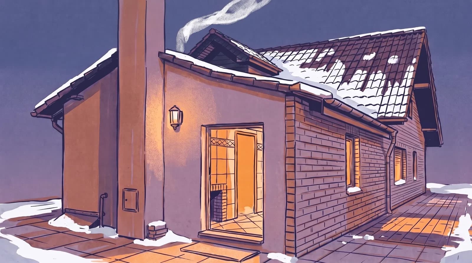 Illustration: ein schneebedecktes Haus am Abend, hoher Schornstein mit aufsteigendem Holzrauch, warmes Licht fällt aus der offenen Tür
