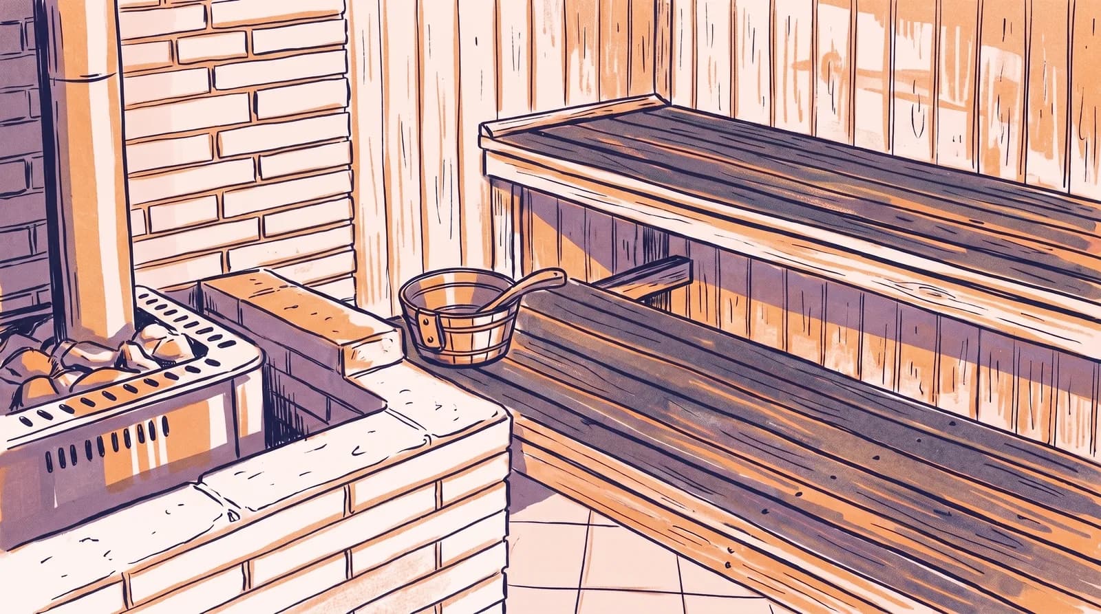 Illustration: Saunakabine mit gemauertem Ofen, sichtbaren Steinen, Holzverkleidung und Bänken, im Vordergrund Kübel und Kelle