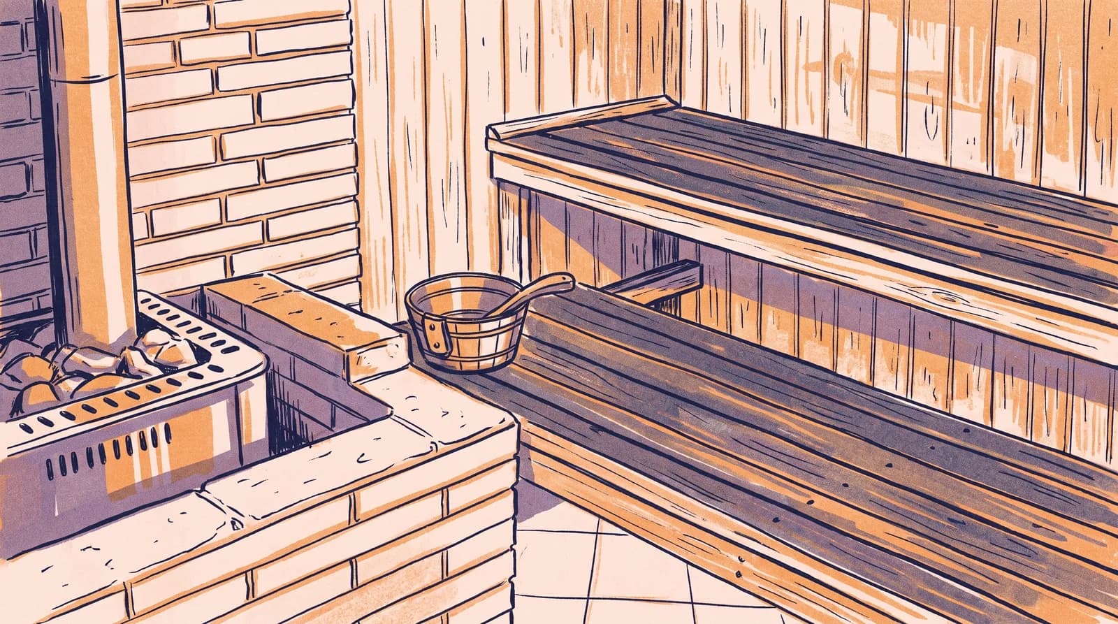 Illustration: Saunaraum mit Steinofen und Saunasteinen, Holzverkleidung, gestuften Bänken, Kelle und Aufgusseimer