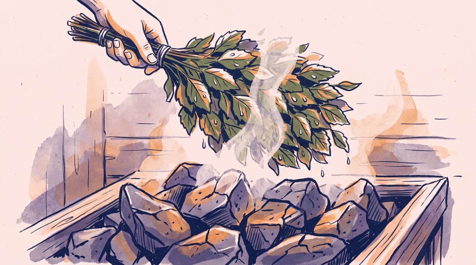 Illustration: eine Hand hält einen nassen Birken-Wenik über die heißen, kantigen Saunasteine, Dampf steigt durch die Blätter auf