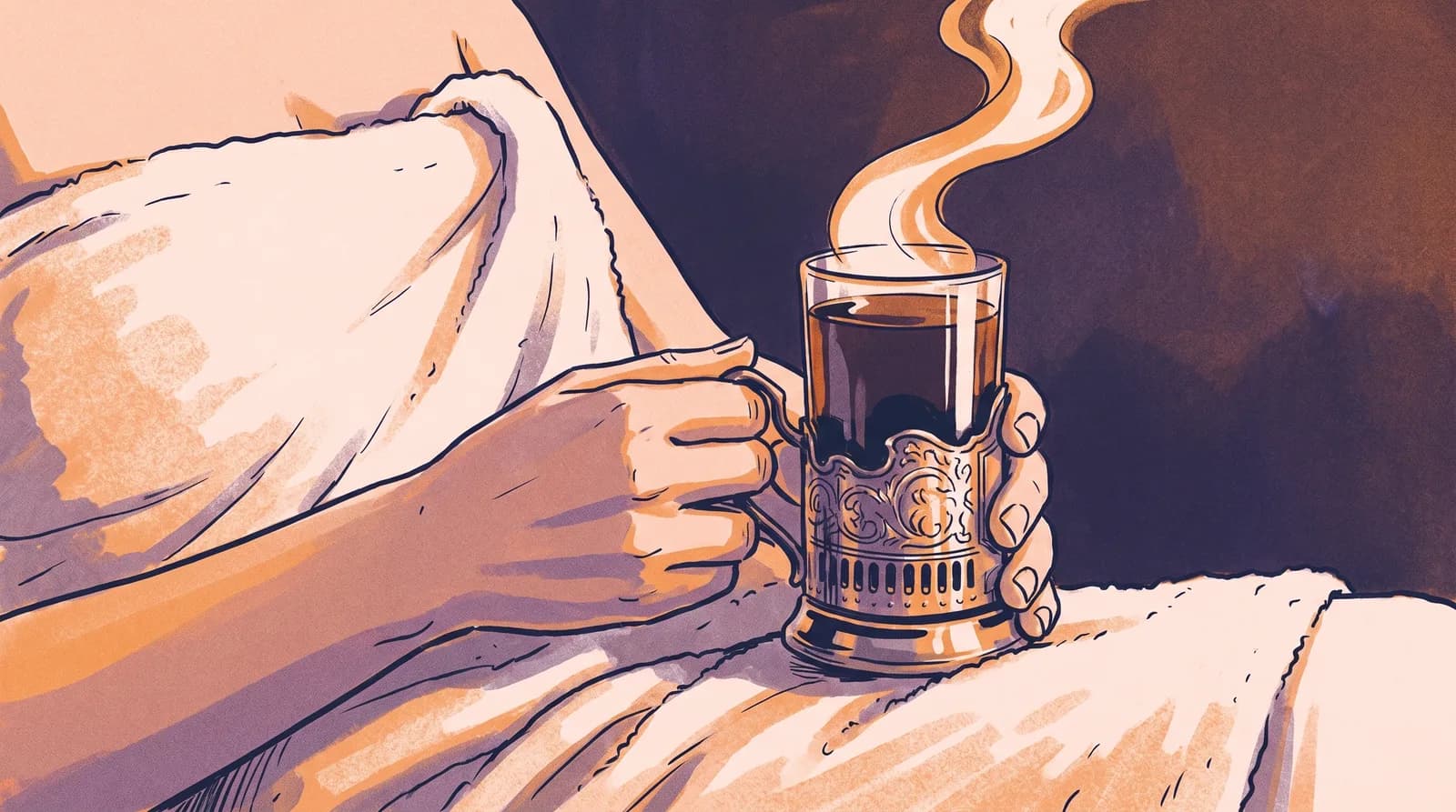 Illustration: zwei Hände halten ein dampfendes Glas schwarzen Tee in einem verzierten Metall-Glashalter, um die Schultern liegt ein Handtuch