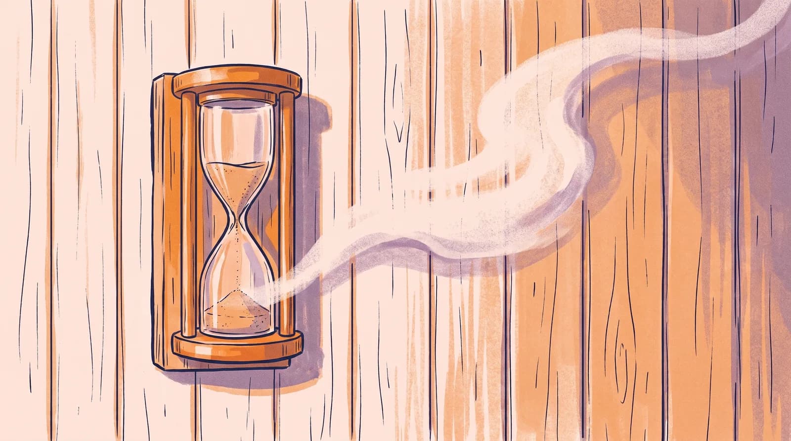 Illustration einer hölzernen Sanduhr an einer Wand aus hellen Holzpaneelen, durch die feiner Sand rieselt, während ein Dampfschwaden vorbeizieht