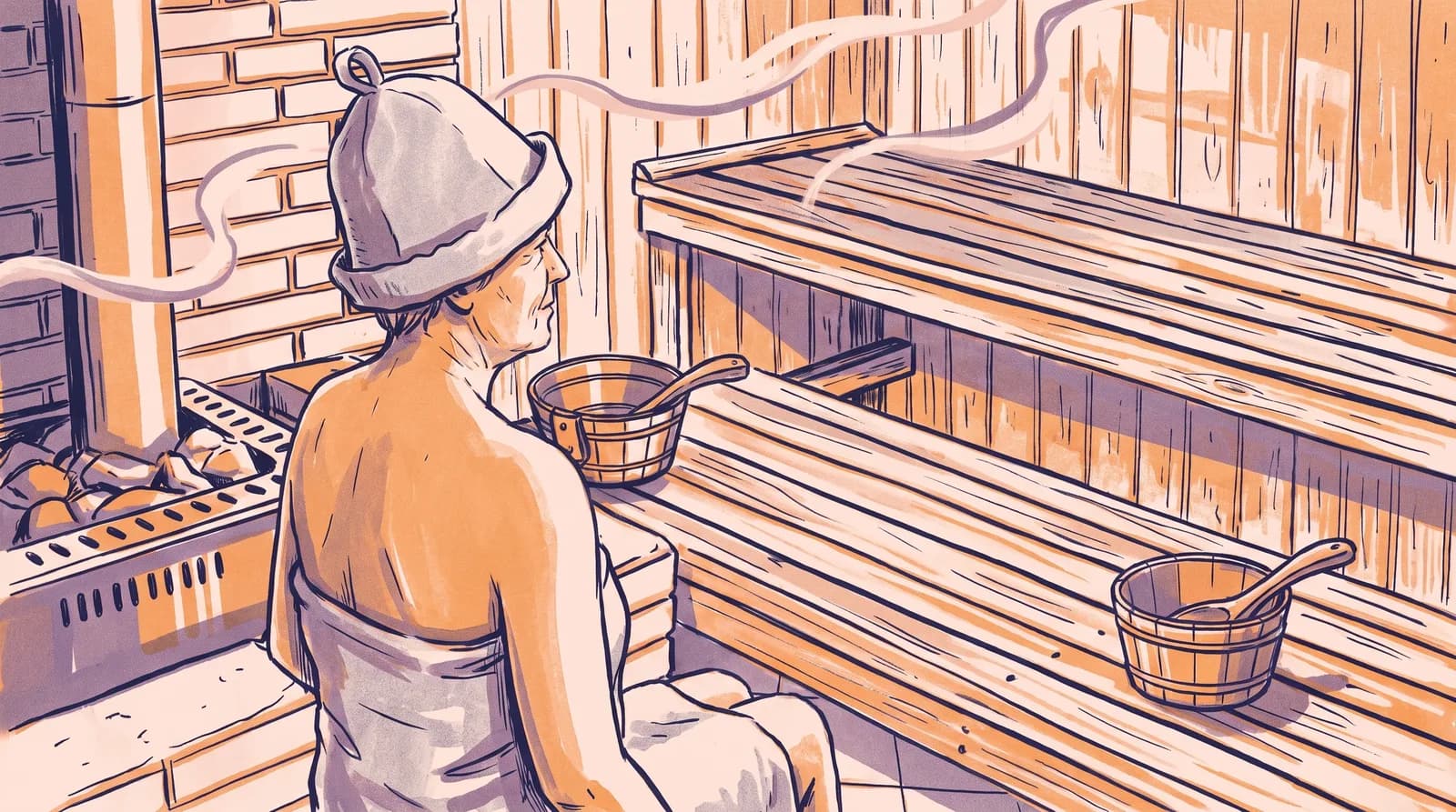 Illustration: eine Person mit Handtuch und grauer Filzmütze sitzt in einer Holzsauna neben dem Ofen, leichte Dampfschwaden ziehen durch den Raum